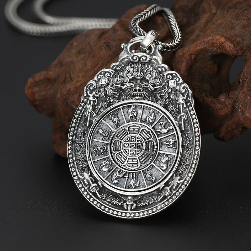 S925 Sterling Silver Pixiu Pendant Black Color Old Process Taiji Bagua Chinese Zodiac Six Words Unisex Fine Jewelry FYNE435