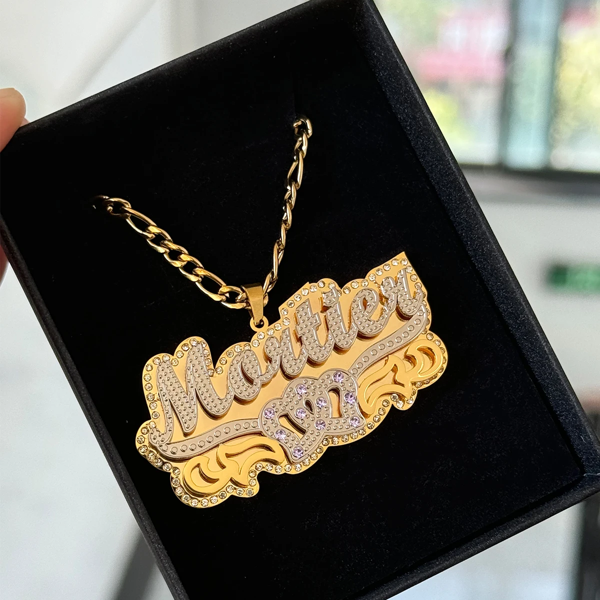 Kalung liontin baja tahan karat 3D nama kustom kustom kalung lapis ganda dengan perhiasan hadiah ulang tahun pesta berlian