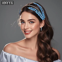 HNYYX Blue Rhinestone Leaf Headband Light Luxury With Beaded Hair Piece Festival Party Dress Paired With Hair Accessory A138