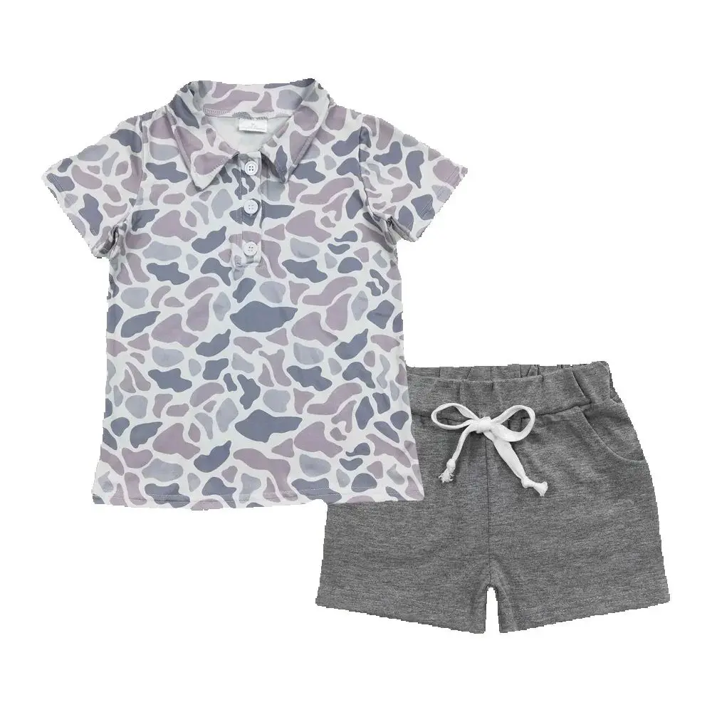 

Baby Boys Grey Camouflage Lapel Buttons Shirts Cotton Shorts Clothes Sets