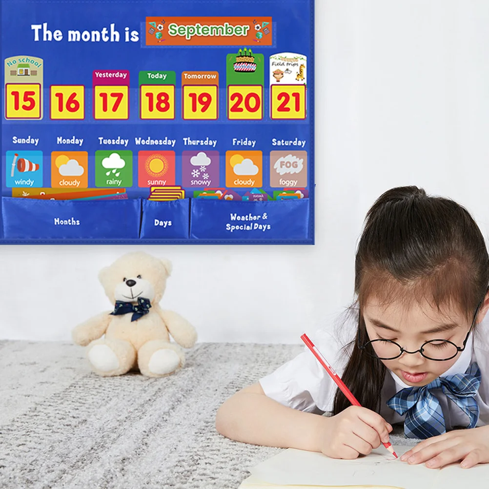 

1Set Weekly Calendar Pocket Chart Wall Hanging Educational Bag Weather Days Months Classroom Learning Chart