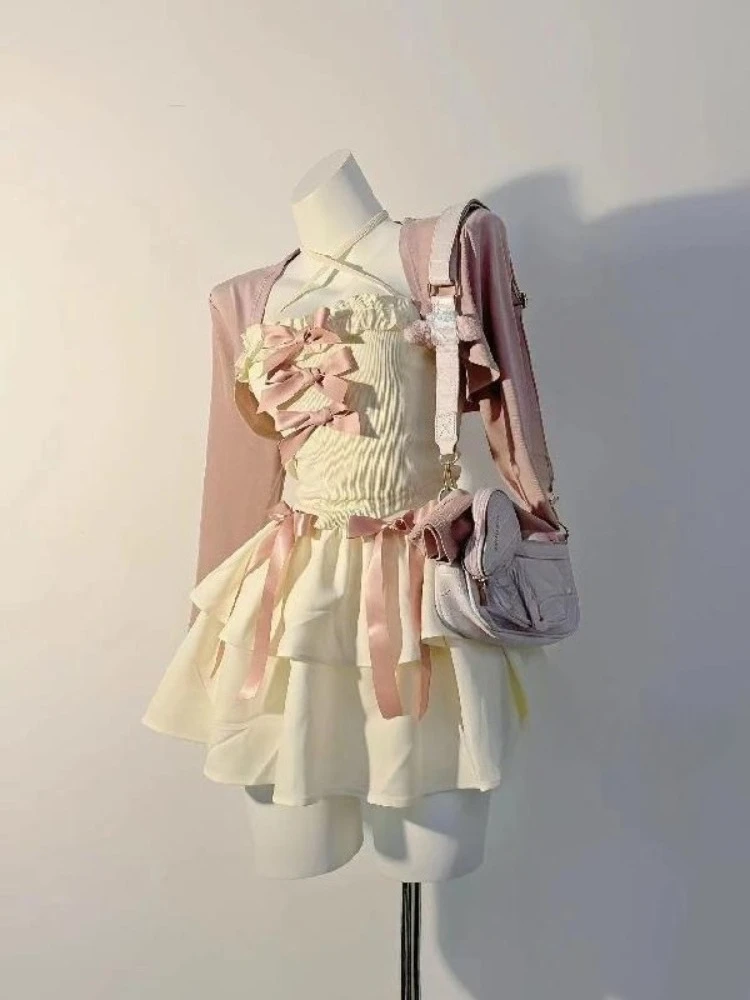 

Lolita Kawaii Комплекты из 3-х предметов юбки Сладкое пальто с длинными рукавами + Тонкие майки с бантом + Короткие вечерние юбки Y2k 2000-х годов Винтажные костюмы Шикарные