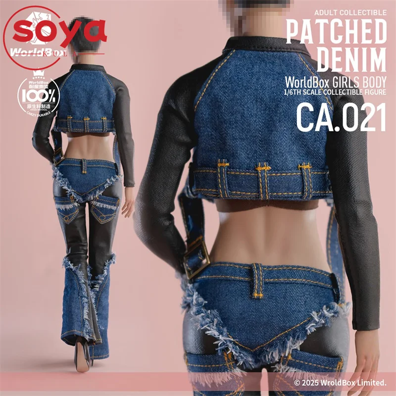 ชุดเสื้อแจ็คเก็ตยีนส์ลายปะติดสไตล์เรโทร Worldbox CA021 ขนาด 1/6 พร้อมกางเกง สำหรับตุ๊กตาแอ็คชั่นฟิกเกอร์หญิงขนาด 12 นิ้ว