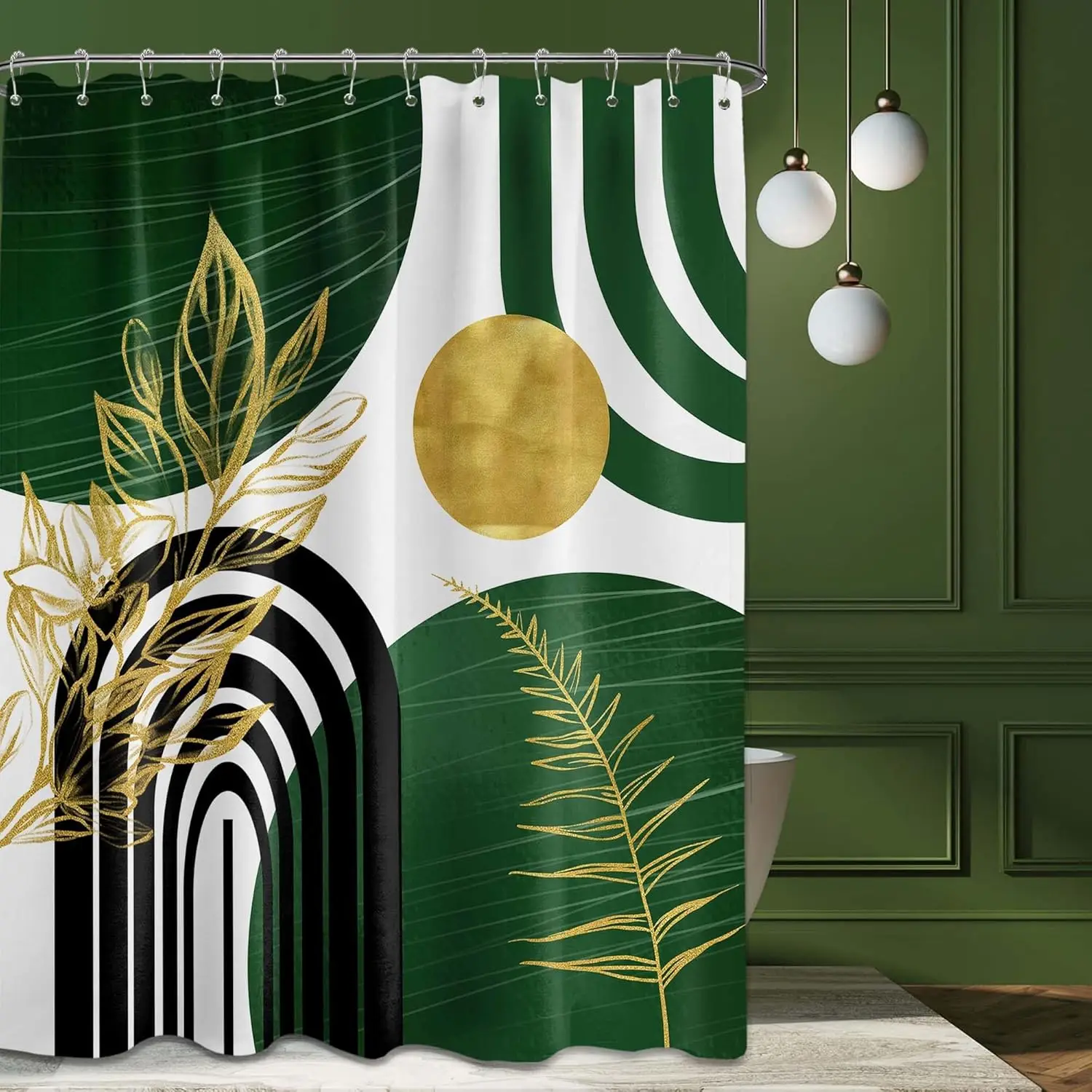 

Olive Green and Gold Shower Curtain Boho Mid Century Modern Hunter Green Shower Curtains for Bathroom Decor Sets, Waterproof