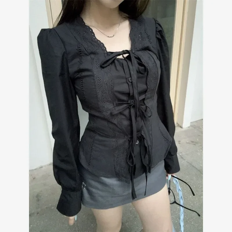 Coquette Zwart Kant Applicaties Vrouwen Shirt Lace Up Lange Mouw Koreaanse Mode Blouses Slanke Effen Kleur Gyaru Sexy Lente