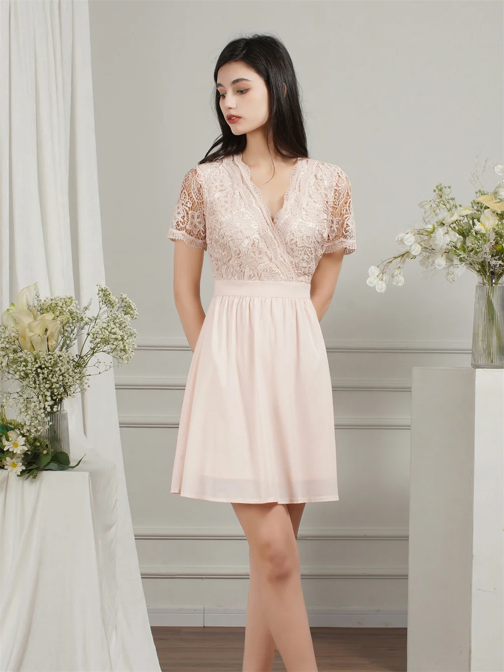 Summer Short Lace Bridesmaid Dress For Women Wedding Party V Neck Sexy Chiffon A line Maid Of Honor Dresses With Sleeves Mini