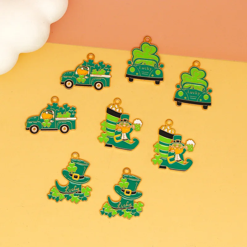 10pcs St. Patrick's Day Enamel Charms Green Leprechaun Themed DIY Pendants Fashion Handmade Earrings Bracelet Jewelry Accessory