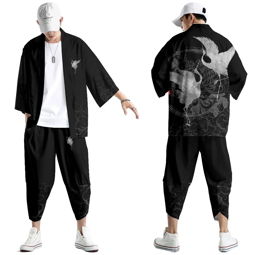 Two-piece Suit Wave Crane Print Shirt Clothing Traditional Haori Cosplay Kimono + Pants Sets Women Men Japanese Cardigan Yukata