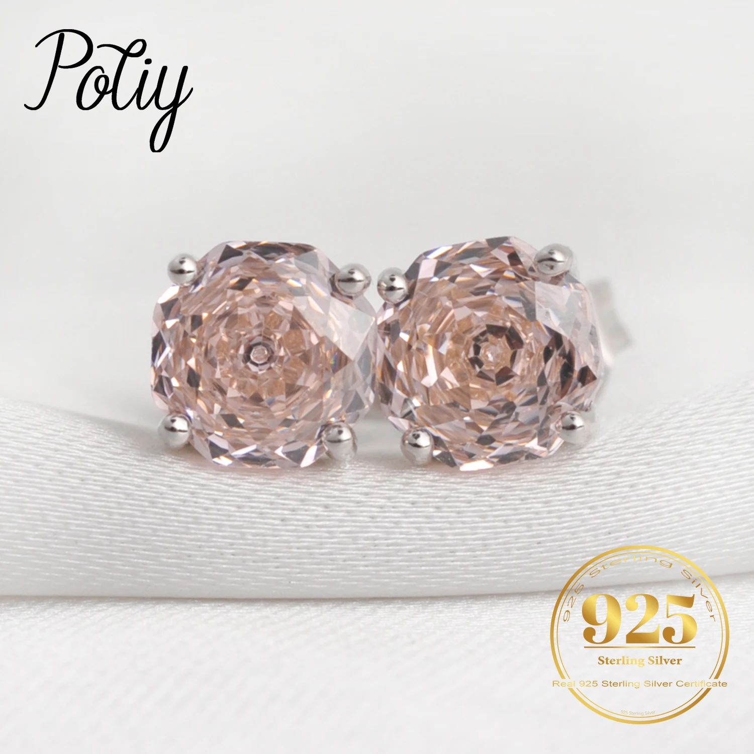 Potiy Rose Cut Octagon Morganite Pink Stud Earrings, 1.5ct Cubic Zirconia 925 Sterling Silver Earrings for Women with Metal Cert