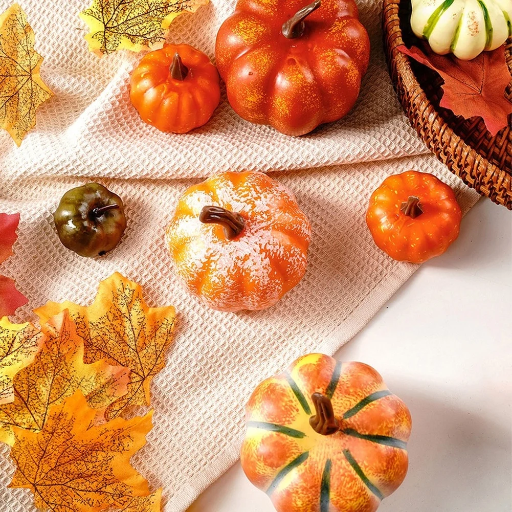 Assorted Autumn Decor Kit 44 Pcs Foam Pumpkins and Artificial Maple Leaves for Thanksgiving Centerpiece Craft Use