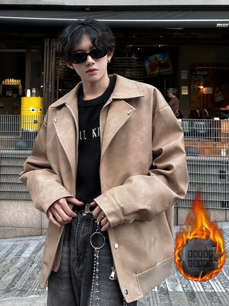 

Double Layered Fce Lined Thiened Winter Biker Jaet Men's PU Leather Coat with Suit Collar Zipper Decorated Loose Fit J...