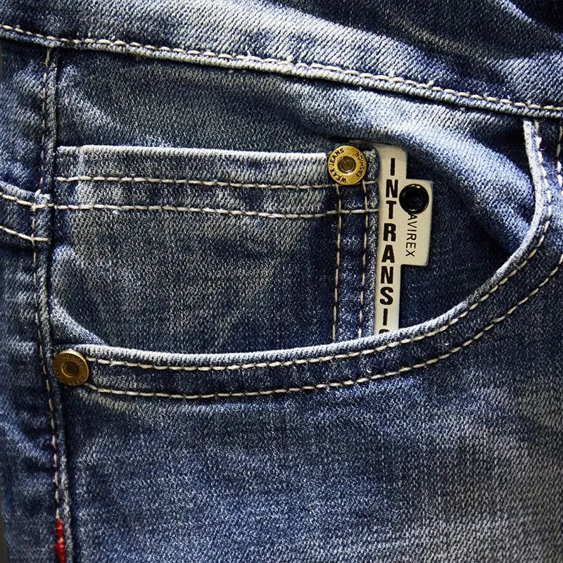 Amerikanische elastische gerade Jeans für Herren, zerrissene, abgenutzte Slim-Fit-Baumwoll-Denim-Hosen, koreanischer Stil, modische Hosen, Herrenbekleidung – Detail 20