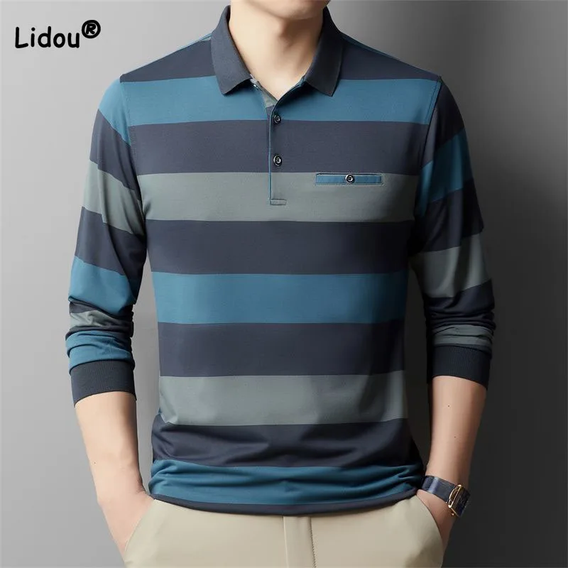 

Fashion Male Clothes Polo-Neck Striped Shirt 2023 Spring Autumn New Button Spliced Casual All-match Long Sleeve T-shirt for Men