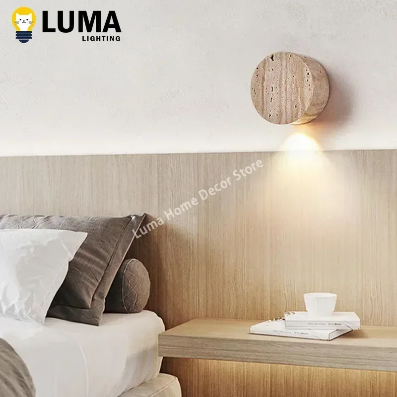 

Wabi-Sabi Circle Yellow Travertine Wall Lamp, Natural Stone LED Wall Lamp for Bedroom Bedside Aisle Stair Livingroom Corridor