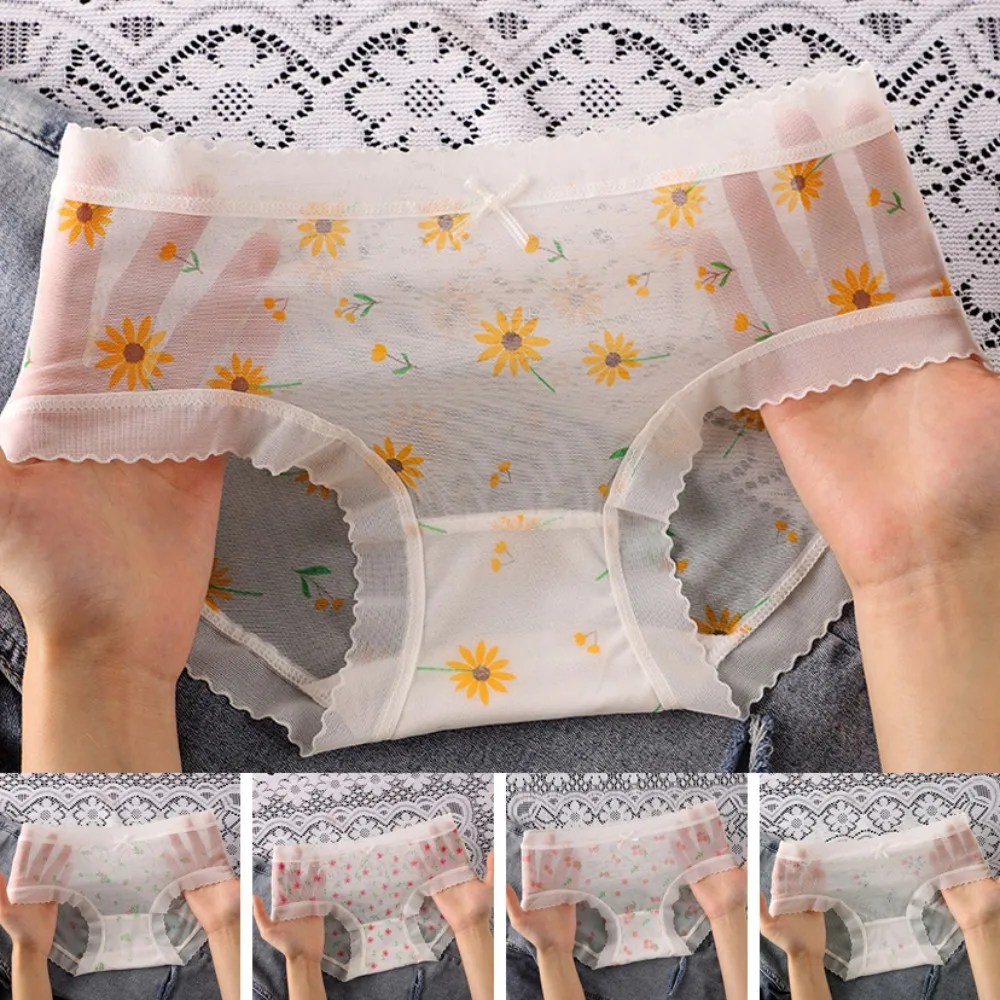 

5PCS Sweet Ultra-thin Mesh Flower Panties Mid Waist Underpants Transparent Floral Briefs Seamless Underwear for Women Girls