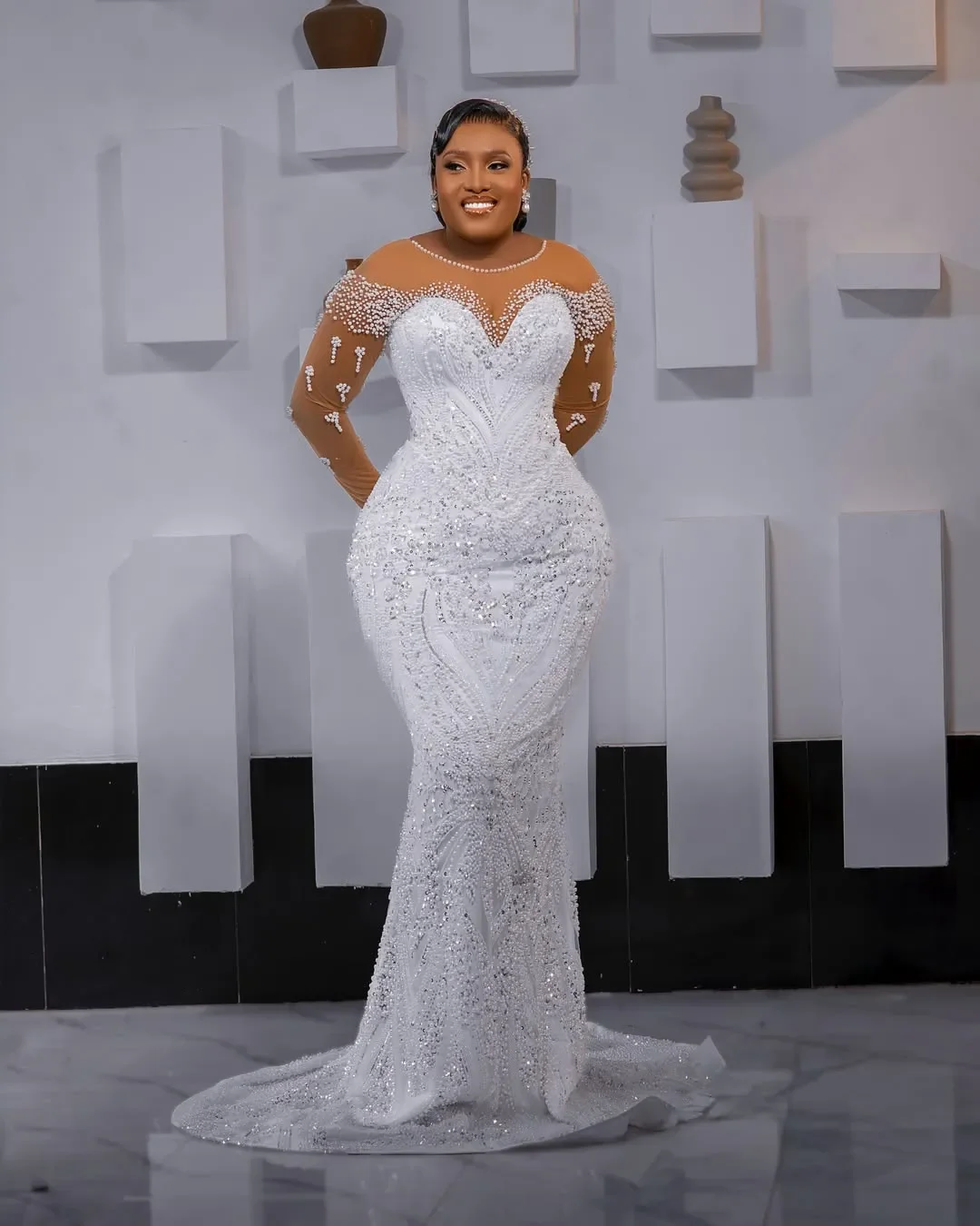 Customized Sheer Neck Fully Beads Sequins African Wedding Dress  Robe De Marriage Detachable Train  Long Sleeves  Bridal Gown