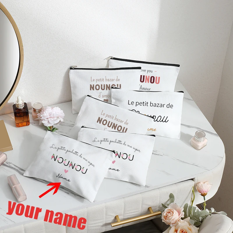 

Personalized with Name Flowery Nanny Heart with Pink Bow Patterns Cosmetic Pouch Make Bag Mother Nanny Birthday Christmas Gifts