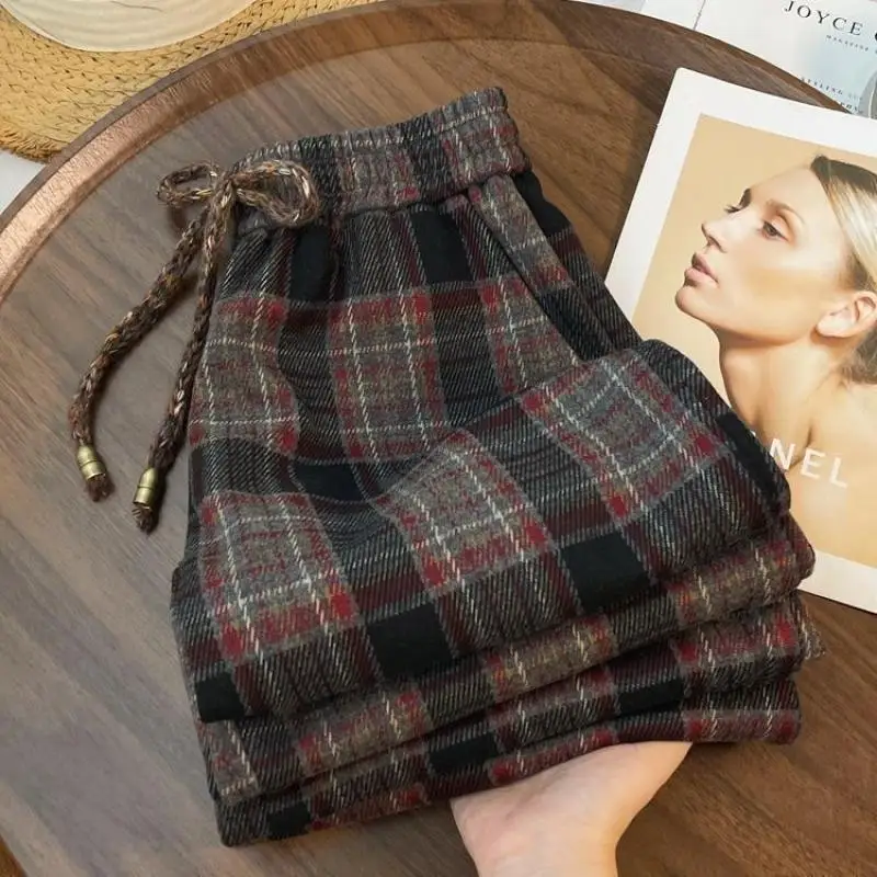 French Women's Autumn Loose Straight Leg Pants for Teenagers Comfortable Casual Pants Cute Student Wide Leg Checkered Pants