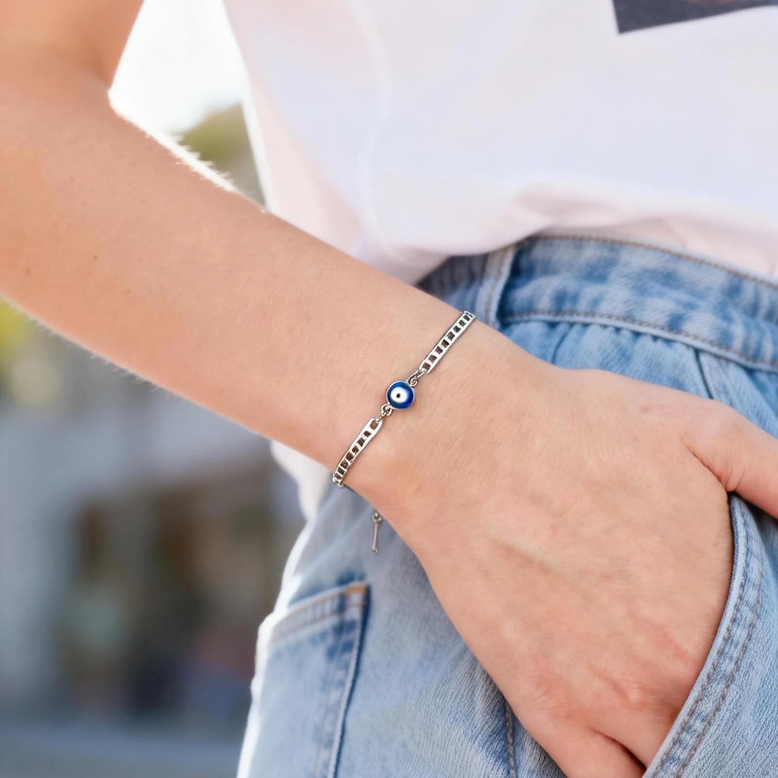 Women's Turkey Evil Eye Bracelet Stainless Steel Silver Color Chain Fashion Blue Eye Amulet Jewelry