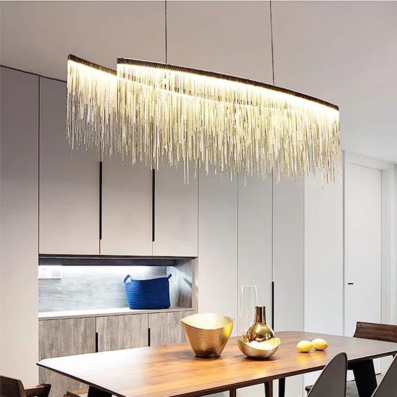 LED Tassels Pendant Chandelier for Dining Room Kitchen Island Soft Hanging Chain Lamp Creative Home Decor Lighting Fixture