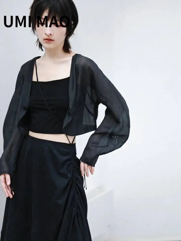 UMI MAO Linen Black Short Long Sleeve Drawstring Strap Sunscreen Autumn Jacket Women Women's Thin Lantern Sleeve Top Femme