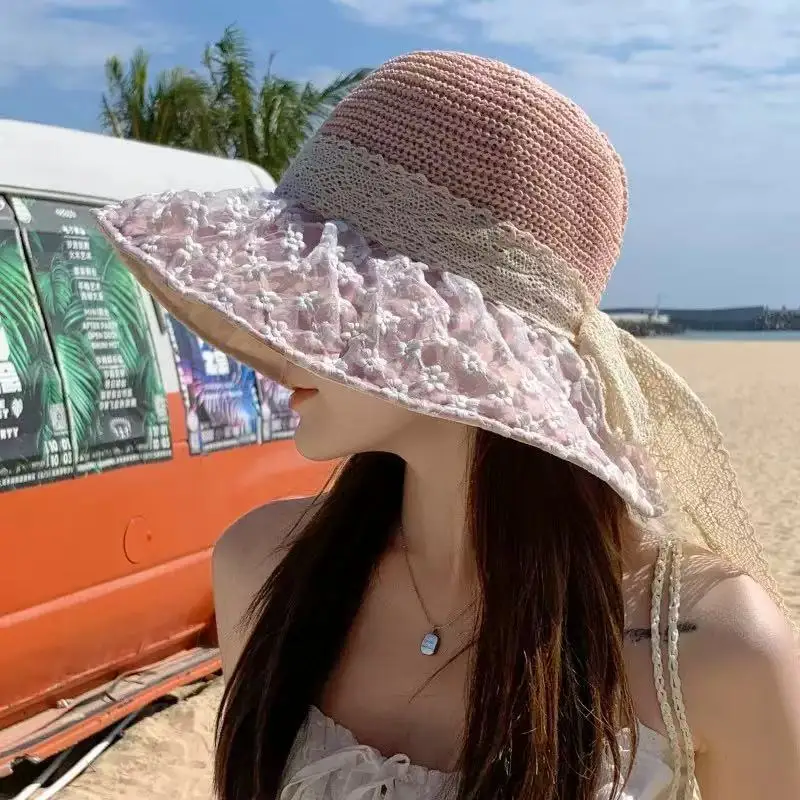 

Summer Ladies Lace Bow Sun Hat Korean Style Breathable Large Brim Sun Beach Hat Travel And Vacation Silk Wide Brim Hat