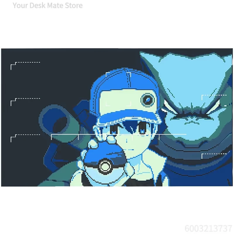 Anime Pixel Art Pokemon TCG Playmat, Red Trainer & Starter Pokemon Designs With Battle Zones Rubber Table Mat For Card Game