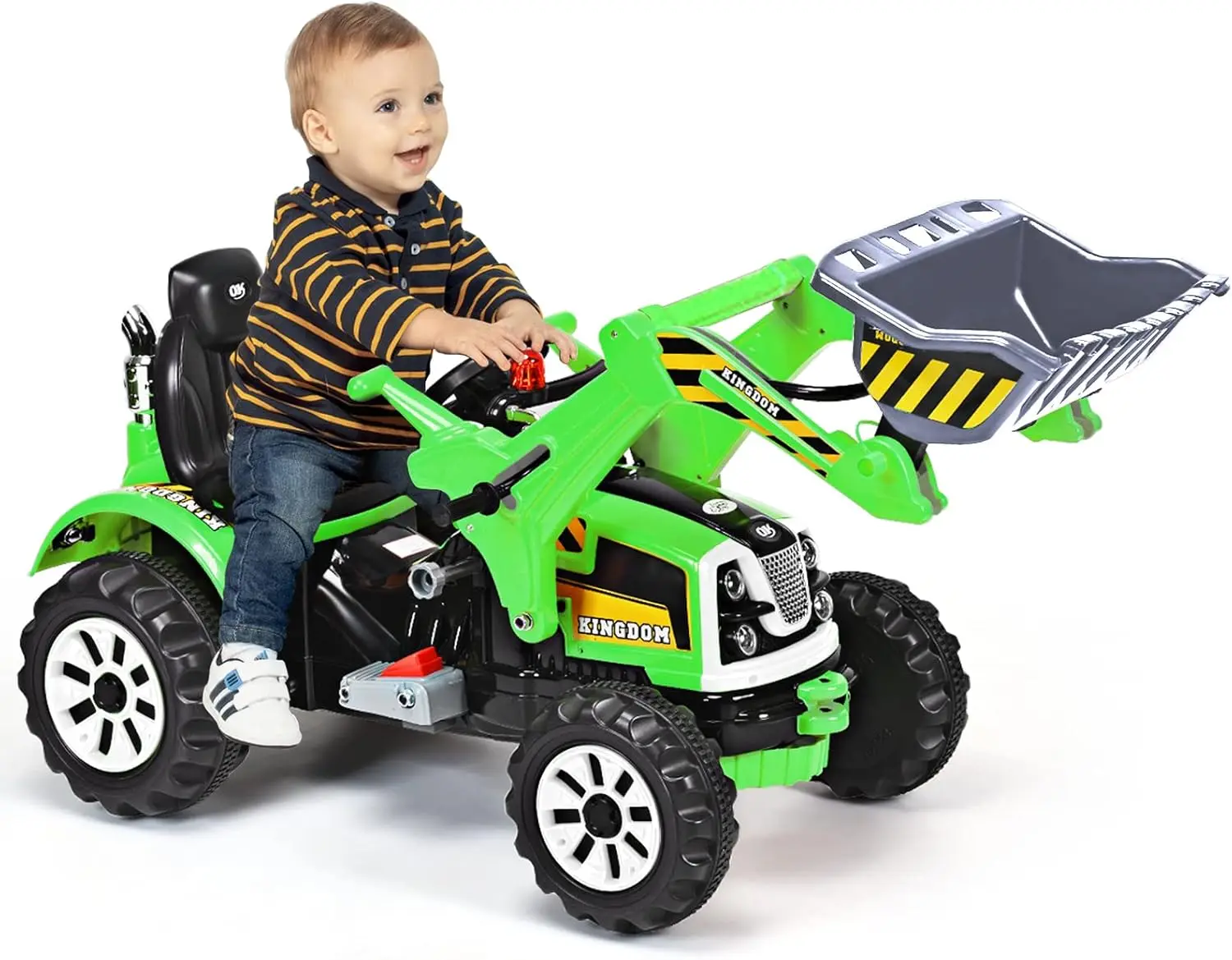 Paseo en excavadora, vehículos de construcción con pilas de 12 V para niños con cargador frontal, bocina, cinturón de seguridad, ruedas trenzadas, paseo