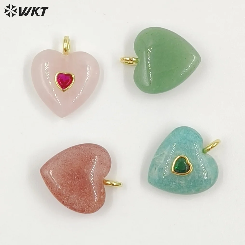 WT-P2059 Romantic Sweet Heartshape Multiple Colore Gemstone With Zircon Paved Amethyst Strawberry Quartz Pendant Findings