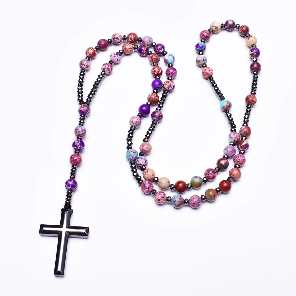 

Purple Emperor Stone with Hematite Cross Pendant Necklace for Women Catholic Christ Rosary Prayer Bead Necklaces Female Jewelry