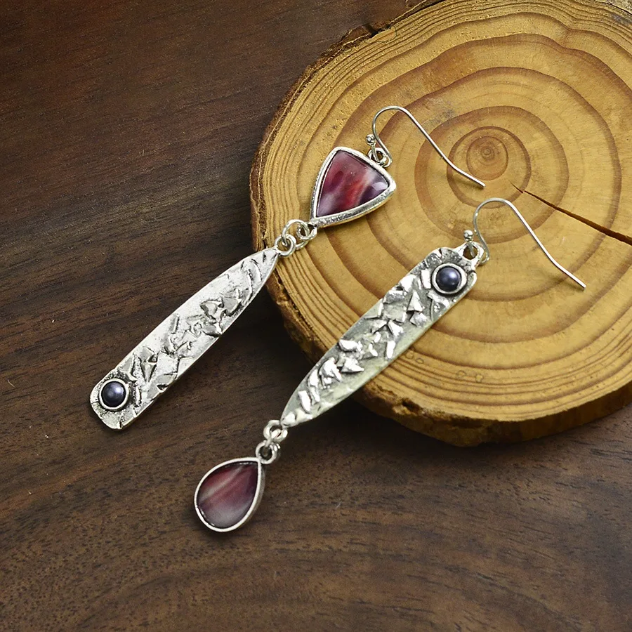DIY accessories Europe and the United States cross-border old silver irregular texture gem pendant earrings niche high-end earri