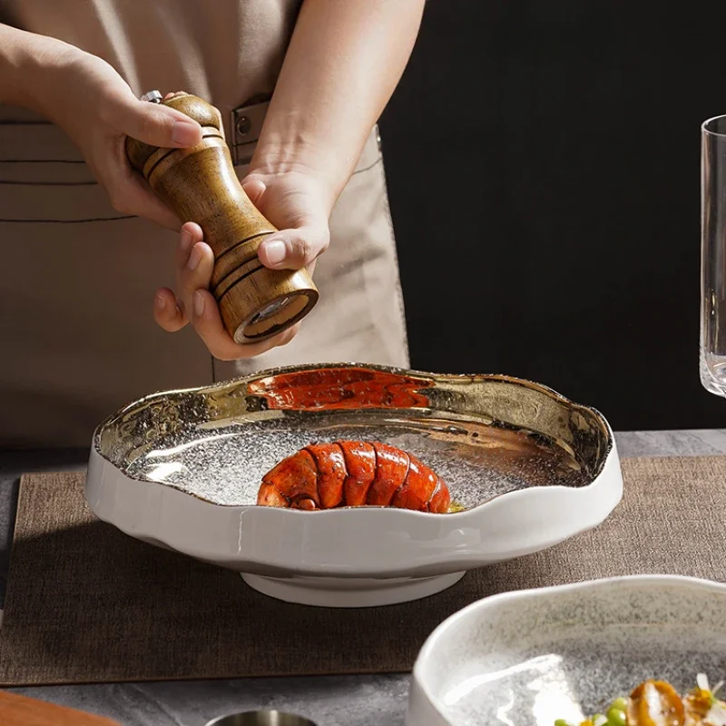 

Золотая керамическая тарелка для западной еды, тарелка для стейка, ресторан, домашняя кухня, круглая миска для супа, посуда для отеля, тарелка для фруктового салата