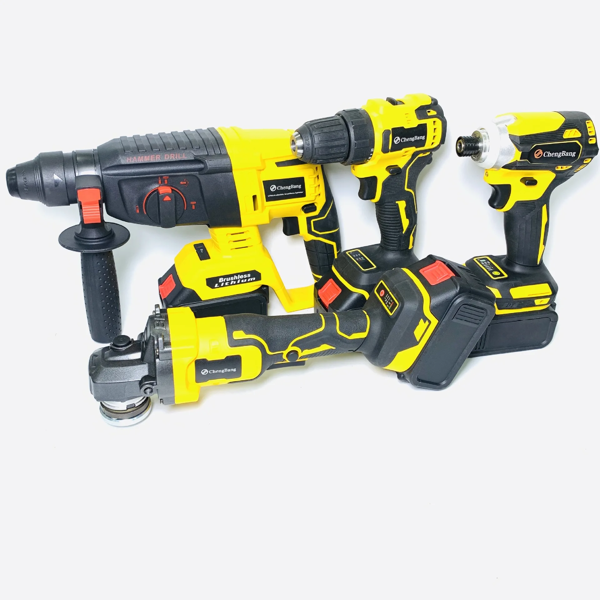 Conjunto de 4 peças de ferramentas elétricas combinadas, moedor de ângulo sem escova, martelo elétrico, chave de fenda de lítio, kit de broca sem fio 