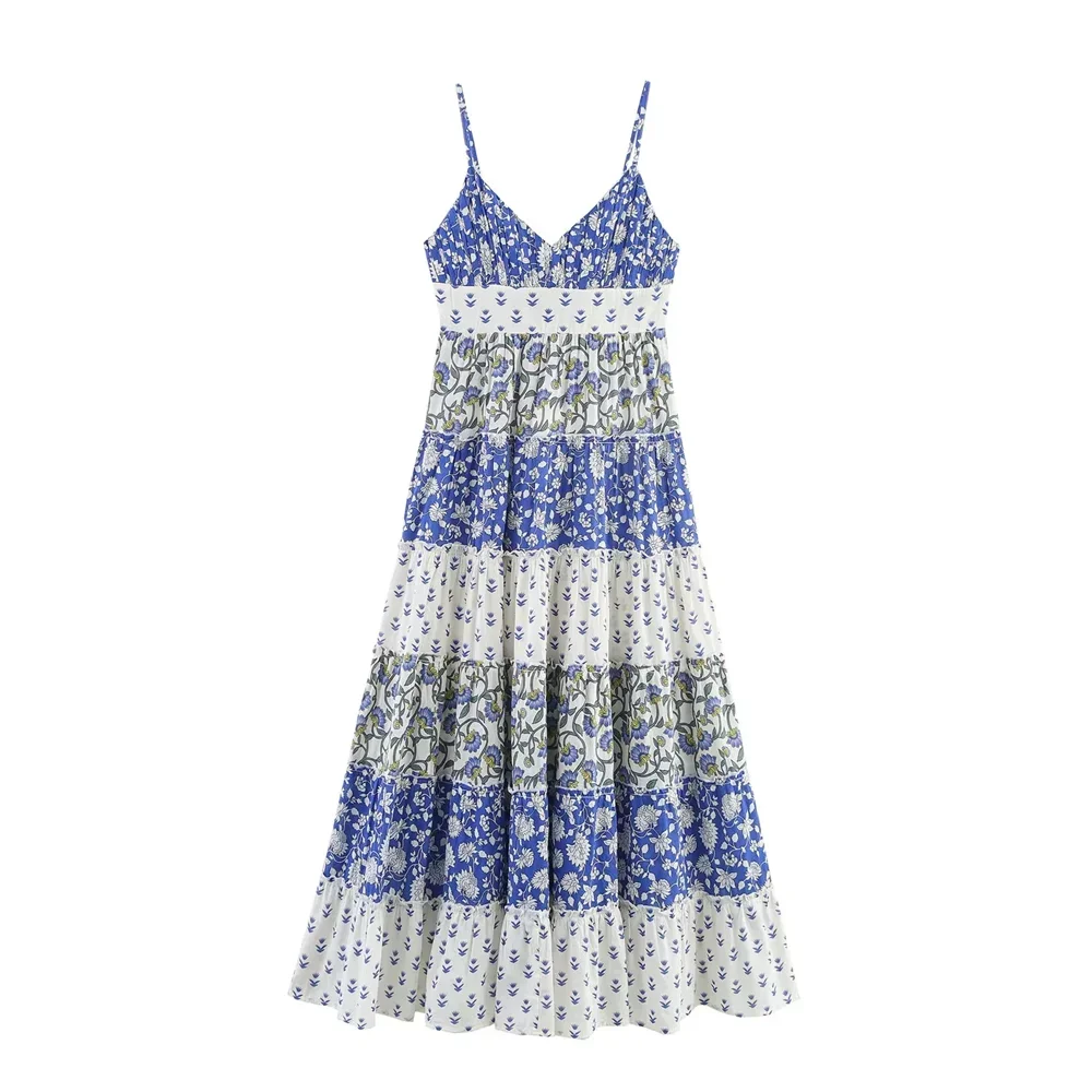 Patchwork impressão em camadas costura profundo decote em v sem costas estilingue vestido floral novas roupas femininas de verão