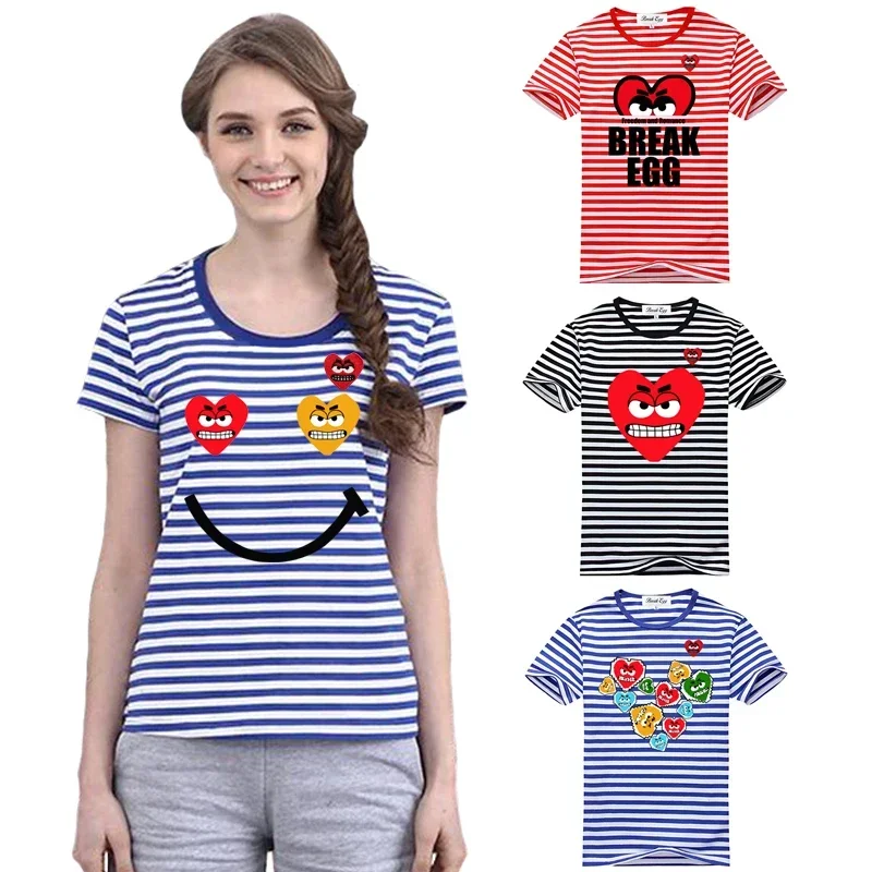 Break Egg-T-shirt rayé en coton pour femme, manches courtes, col rond, imprimé cœur coloré, broderie de dessin animé, rouge, Snag, été