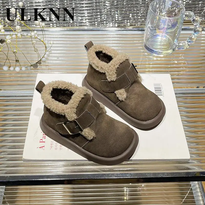 

Girls' Brown Cotton Shoes Students' New Winter Plush Genuine Leather Shoes Little Girls' Short Boots Warm Children's Snow Boats