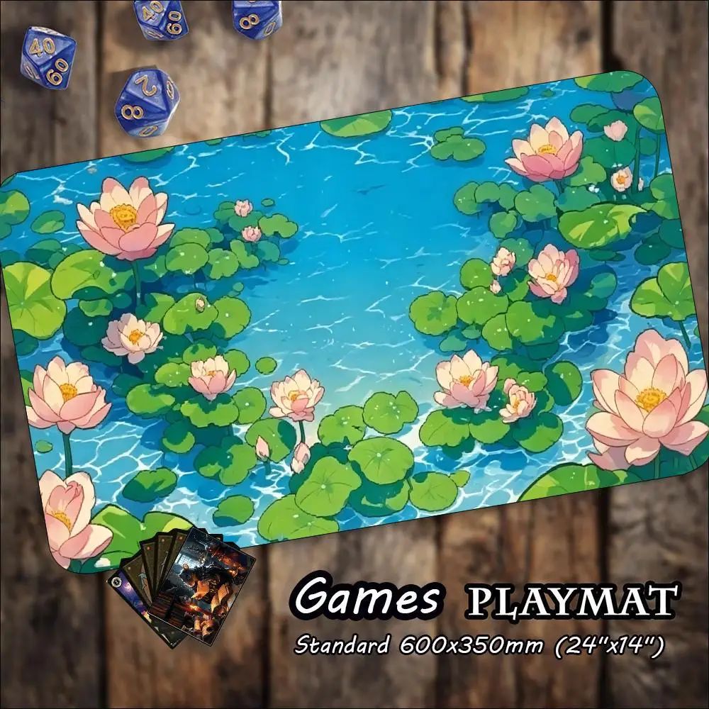 TCG Playmat Lotus Pond Koi Fish Art Card Game Mat Non Slip Stitched Edge Tabletop Trading Card Pad For Tabletop Card Gaming