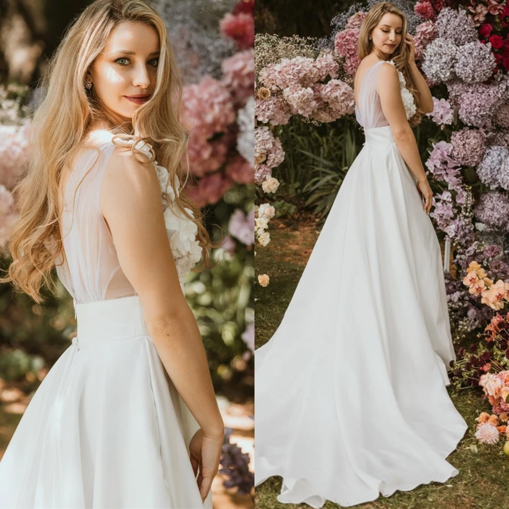 

Customized White Tulle Bridal Gowns Elegant V-neck Cap Sleeve Flowers Wedding Dress Chapel Train Zipper Back Vestido De Novia