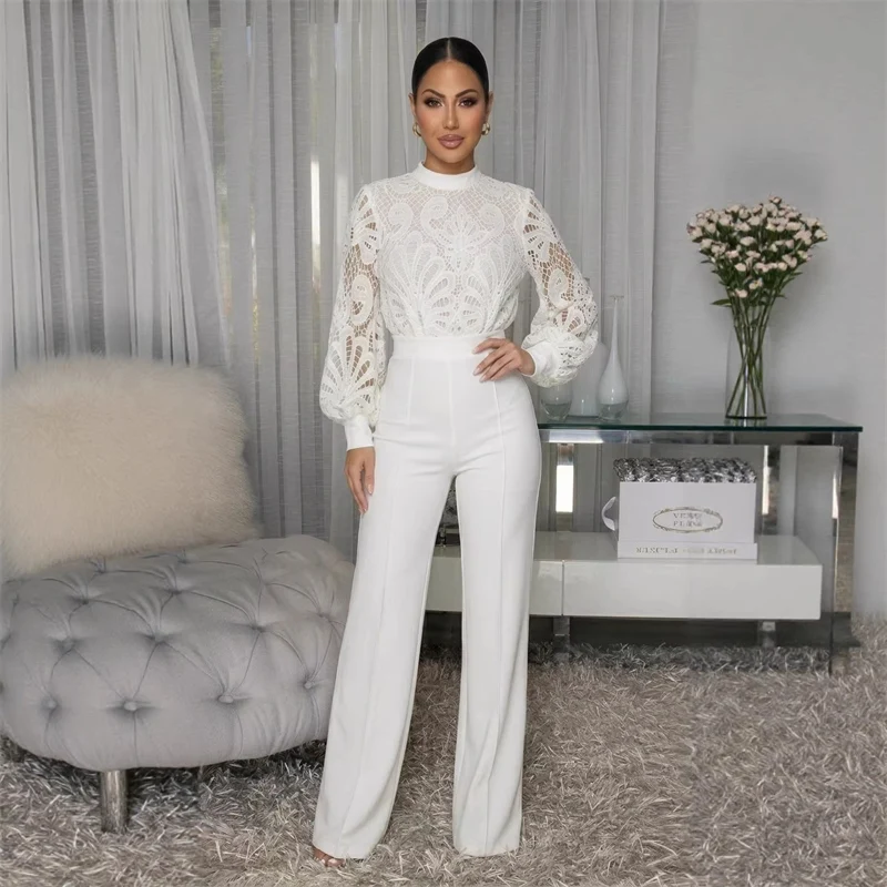Doyerl Lace Hollow Out White Outfits for Woman Jumpsuits and Rompers Lantern Sleeve Patchwork One Piece Club Outfits Overalls