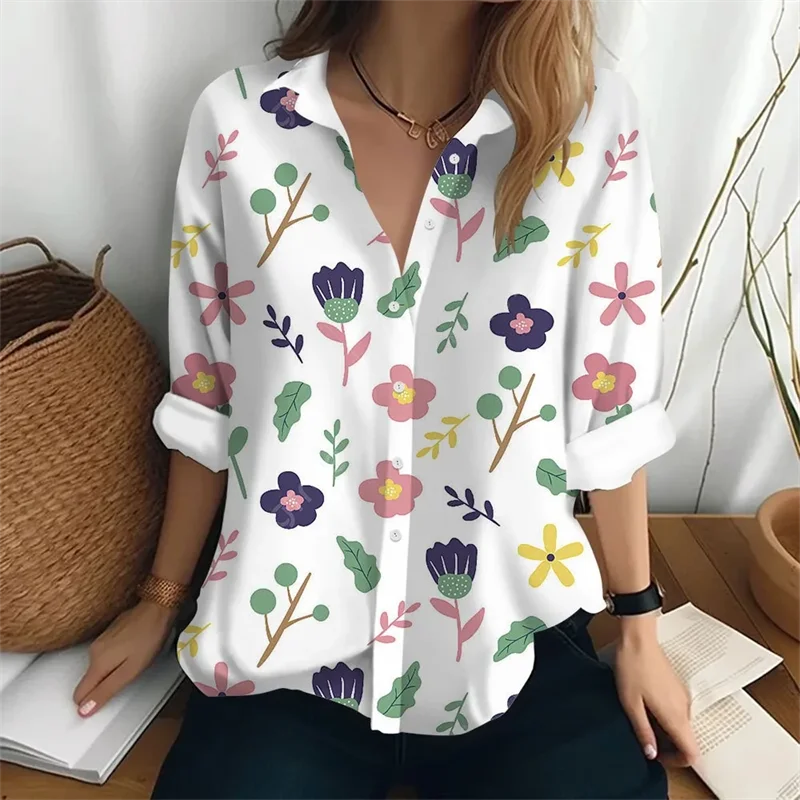 2024 New Women\'s Shirt Long Sleeve Relaxation Printed Collar Pocket Daily Beach Vacation Comfortable Top