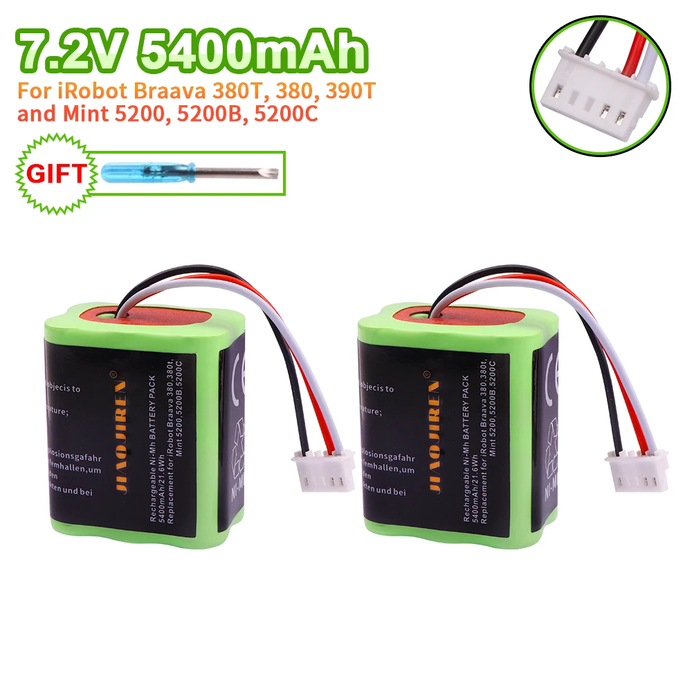 NI-MH 7.2V 5400mAh Battery for iRobot Braava 380T 380 390T Mint 5200 5200B 5200C Vacuum Cleaner upgraded high capacity for 380T