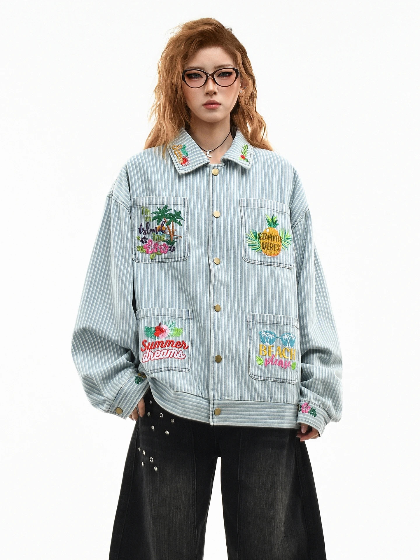 

OV Original American Retro Striped Embroidery Waed Denim Jaet Loose ort Collar Standup Spring Summer Men Women Trendy