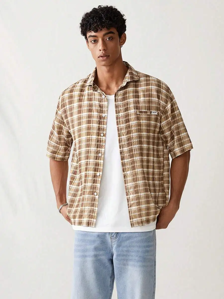 

Men's Casual Loose Fit Plaid Short Sleeve Shirt in Brown Beige