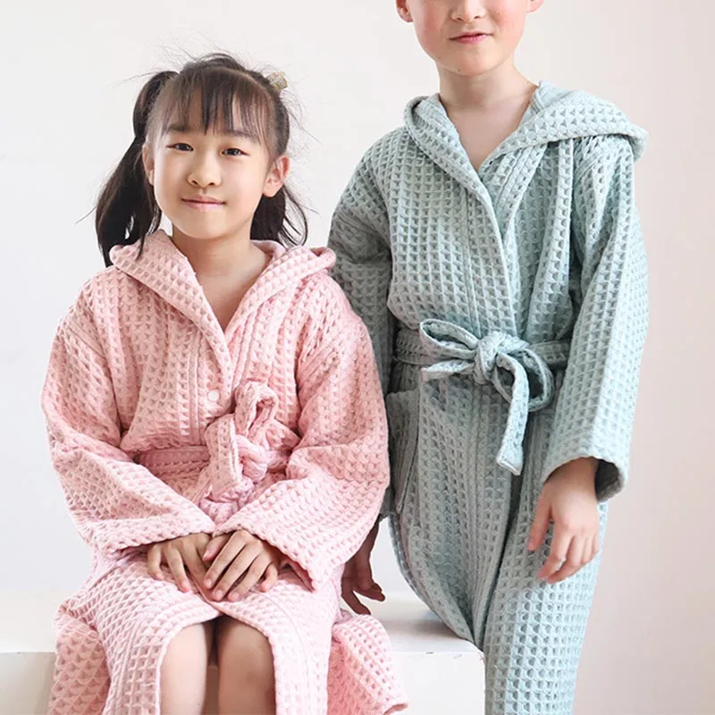 Children's Cotton Bathrobe Waffle Weave Double-Layer Thickened Bathrobe Homewear Children's Sleepwear for Boys and Girls
