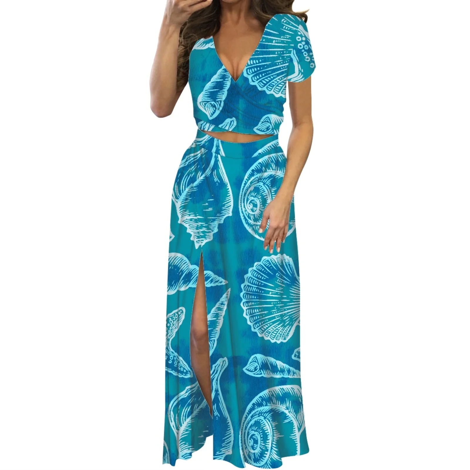 Samoa Tribal Summer Beach Party Women's Low-cut Maxi Dress Vegetable Print Two-piece Split Dress V-neck Short-sleeved Dress