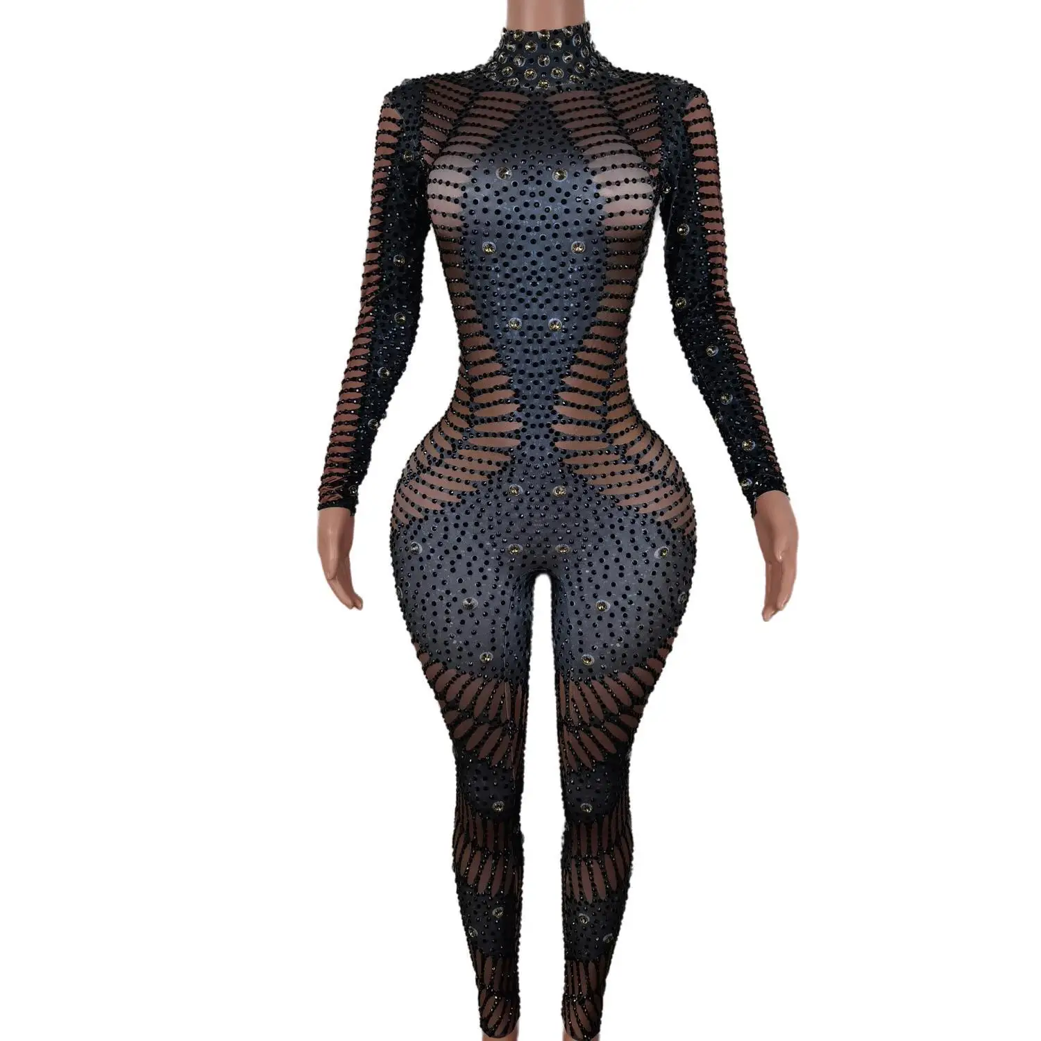 Luxury Sparkle Long Sleeve Rhinestones Pearl Jumpsuit Women Sexy Club Party Birthday Performance Drag Queen Clothing Hanxiucao