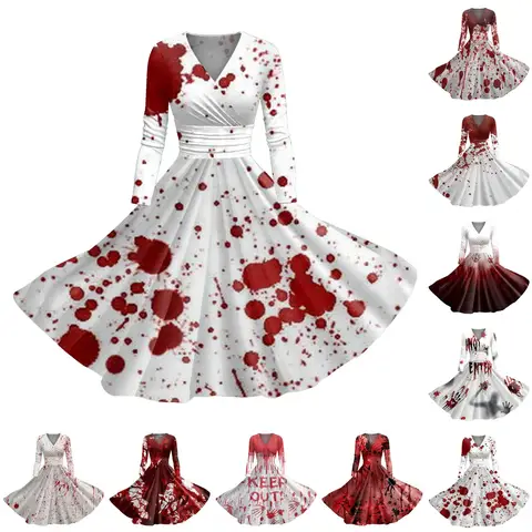 महिलाओं के लिए खूनी हेलोवीन पोशाक प्लस आकार लंबी आस्तीन लपेटें पोशाक महिलाओं के लिए एक लाइन मिडी पोशाक विंटेज हेलोवीन कपड़े Vestidos 8 best sales हरा गाउन - №6