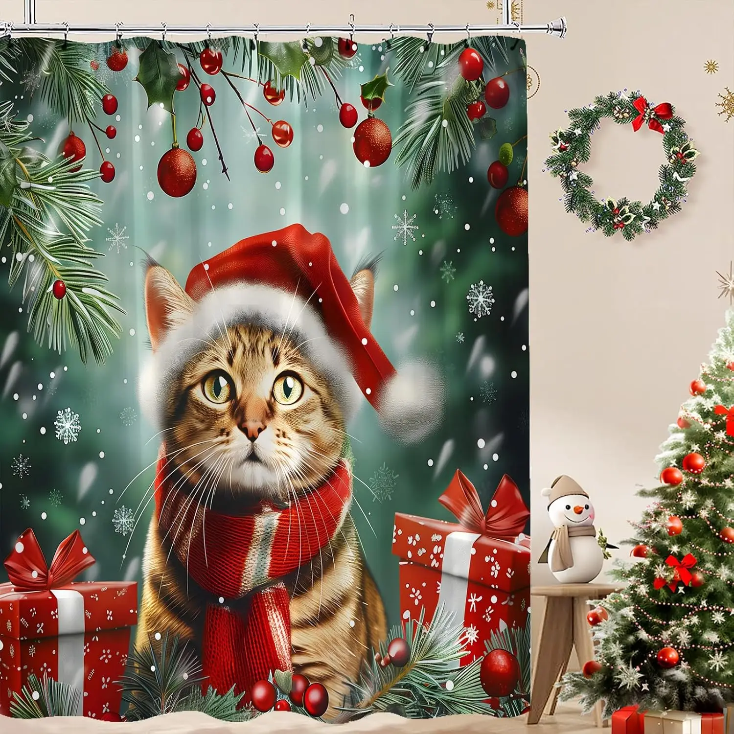 

Рождественская занавеска для душа, милый кот, красный рождественский шар, снежная сосна, листья, снежинка, снег, зимний лес, сцена природы, забавная
