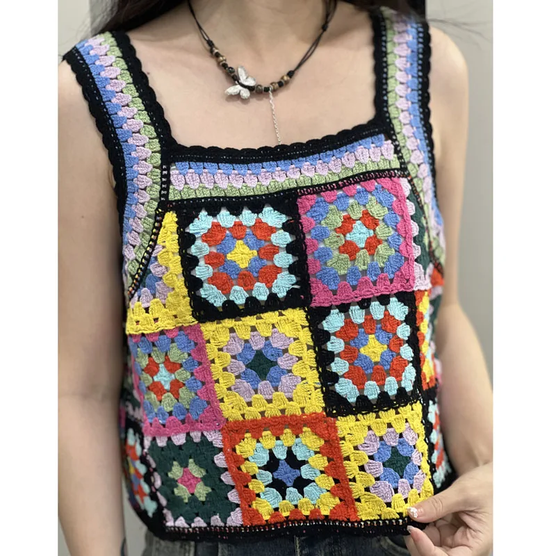 Boring Honey Summer Fashion Bohemian Style Tops Women Colour Loose-Fitting Tank Tops All Match Plaid Sleeveless Pretty Top Women