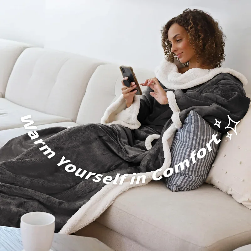 Home Wearable Adult Blanket Large Pocket MultiFunctional Lazy Sleeve AntiStatic Blanket Sherpa Composite TV Blanket Sofa Blanket